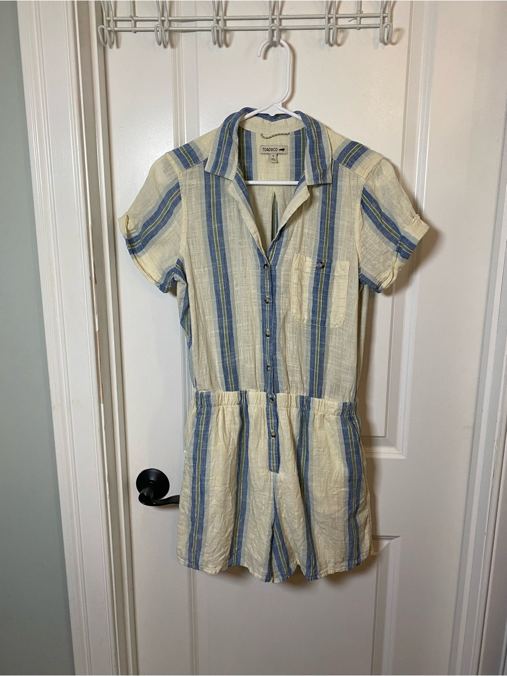 Toad&Co Cream and Blue Striped Short-Sleeve Linen Blend Romper